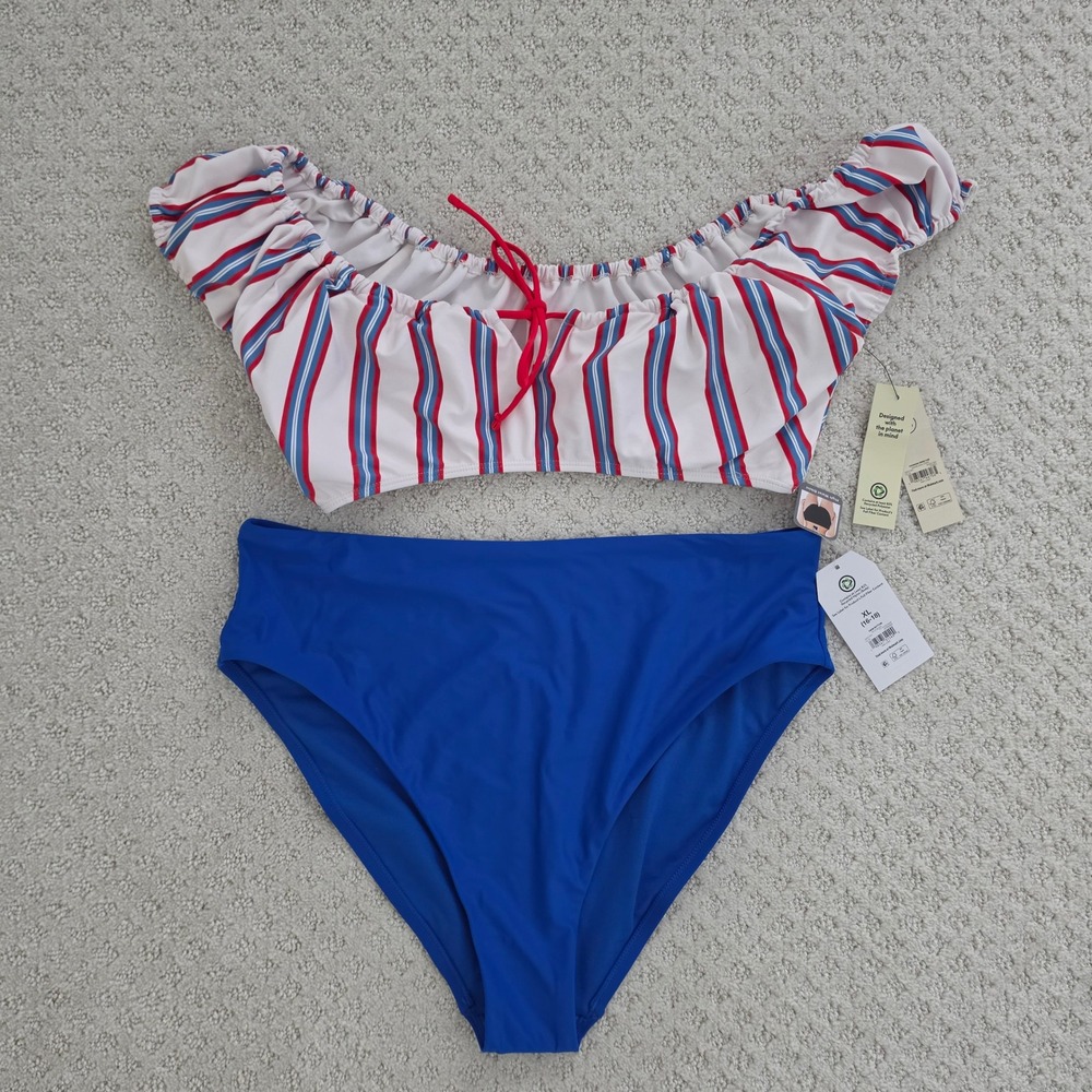 Americana Stripe Ruffle Bikini Set XL 16-18 Blue High Waist NEW